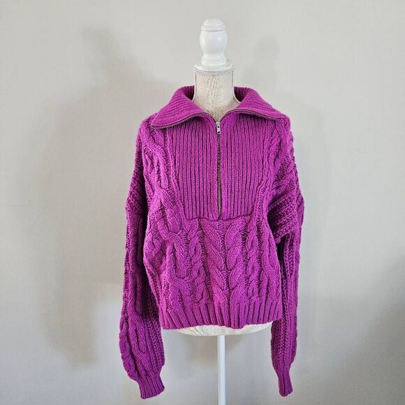 For Love And Lemons Andie Oversized Half Zip Sweater Size Small in Fuscia - Picture 1 of 8